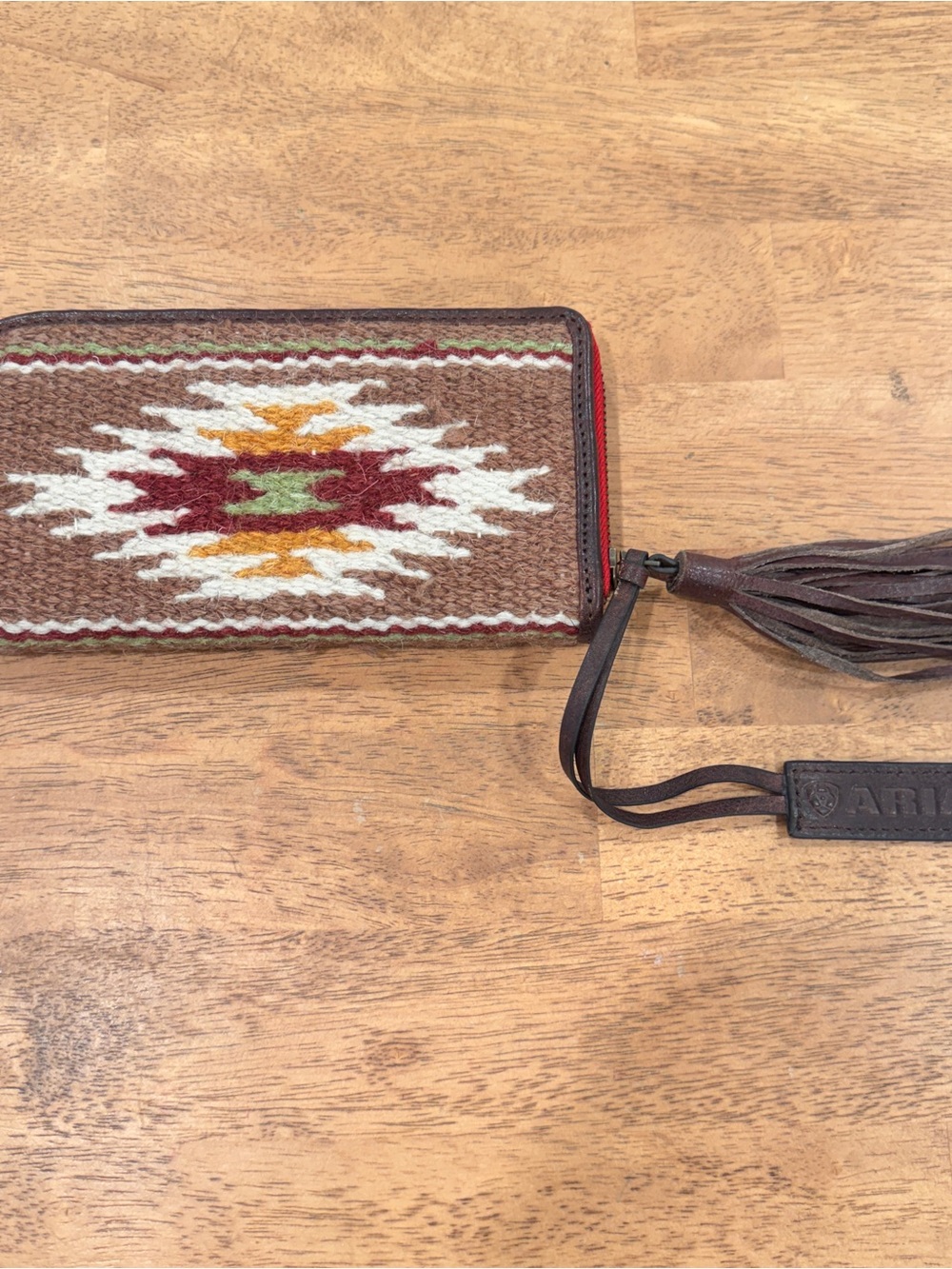 Ariat Sheridan Brown Woven Wool Clutch Southwestern Leather Wallet Fringe Tassel - Picture 1 of 8
